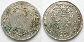 AUSTRIA. 20 Kreuzer 1791 B, Kremnitz mint, LEOPOLD II, silver, AU!