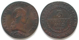 AUSTRIA. 3 Kreuzer 1812 B, Kremnitz mint, FRANZ I copper XF!