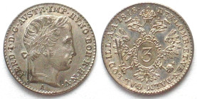 AUSTRIA. 3 Kreuzer 1848 A, FERDINAND I, silver, UNC/UNC-!!!