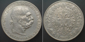 AUSTRIA. 5 Corona 1907, FRANZ JOSEPH I, silver, AU!