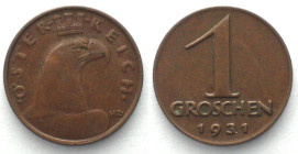 AUSTRIA. 1 Groschen 1931, bronze, KEY DATE! AU!