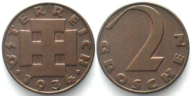 AUSTRIA. 2 Groschen 1934, bronze, KEY DATE!UNC-!