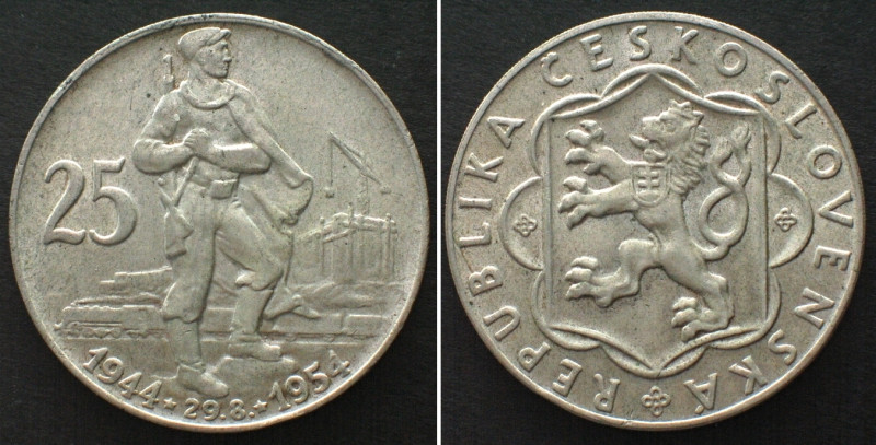 CZECHOSLOVAKIA. 25 Korun 1954, 10th ANN. of SLOVAK UPRISING, silver, UNC-. KM# 4...