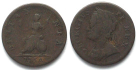 GREAT BRITAIN Farthing 1754 GEORGE II copper aVF