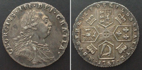 GREAT BRITAIN. 6 Pence 1787, no hearts in shield, GEORGE III, silver AU!