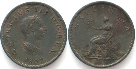 GREAT BRITAIN. 1/2 Penny 1807, GEORGE III, BRITANNIA, copper XF