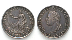 LONDON. 1814 PIDDINGs OFFICE CORNHILL - LOUIS XVIII RESTORED silver token 20mm