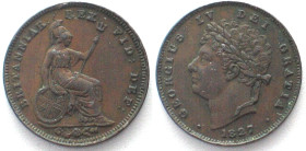 GREAT BRITAIN. 1/3 Farthing 1827, George IV, copper, XF