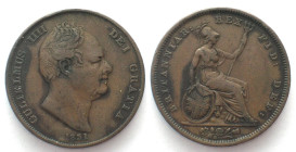 GREAT BRITAIN. Penny 1831, WILLIAM IV, copper VF-XF