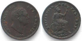 GREAT BRITAIN. 1/3 Farthing 1835 WILLIAM IV copper XF!