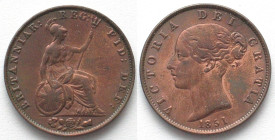 GREAT BRITAIN. 1/2 Penny 1851 Dots on Shield, VICTORIA copper, KEY DATE! XF!