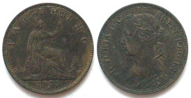 GREAT BRITAIN. Farthing 1875 H, VICTORIA, bronze AU!