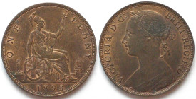 GREAT BRITAIN. Bun Head Penny 1893, toothed border both sides, VICTORIA, bronze, UNC