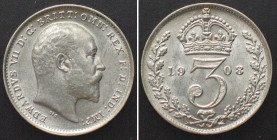 GREAT BRITAIN. 3 Pence 1908 EDWARD VII silver BU!