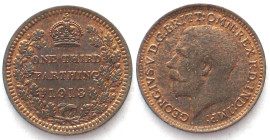 GREAT BRITAIN. 1/3 Farthing 1913, GEORGE V, for MALTA, bronze BU!