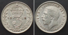 GREAT BRITAIN. 3 Pence 1918, GEORGE V, silver UNC-!