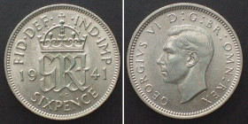 GREAT BRITAIN. 6 Pence 1941, GEORGE VI, silver UNC!