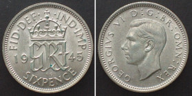 GREAT BRITAIN. 6 Pence 1945, GEORGE VI, silver UNC!