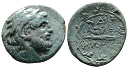 Kings of Macedon, Philip V, 221-179 BC. AE (24.7 mm, 6,8 g.). Uncertain mint in Macedon, 183/182-179 BC. Bearded head of Herakles to right, wearing li...