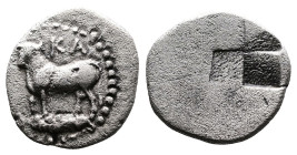 Bithynia, Kalchedon, circa 340-320 BC. AR 1/4 Siglos (11.7 mm, 1,1 g.). KAΛX Bull standing to left on grain ear; to left. Rev. Quadripartite incuse sq...