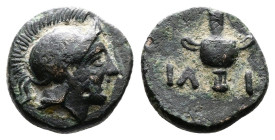 Troas, Ilion, 301-281 BC. AE (10.2 mm, 0.97 g.). Helmeted head of Athena right, wearing crested Attic helmet. Rev. IΛ-I, hydria. Bellinger T3; SNG Cop...