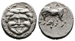 Mysia, Parion. 4th Century BC. AR Hemidrachm (13.4 mm, 2,30 g.). Gorgoneion facing with protruding tongue. Rev. ΠA-PI Bull standing to left, head look...