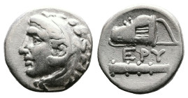 Ionia, Erythrai, circa 250-200 BC. AR Hemidrachm (11.5mm, 1.69 g.). Head of young Herakles left, clad in lion skin head dress. Rev. EPY, bow in case a...