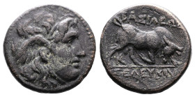 Seleukid Kingdom, Seleukos I Nikator 312-281 BC. AE (14.5 mm, 2.43 g.). Sardes, Winged head of Medusa to right. Rev. Bull butting to right; BAΣIΛEΩΣ, ...