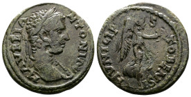 Macedon, Stobi, Caracalla 198-217 AD. AE (23.5 mm, 7 g.). M AVREL ANTONINV, laureate bust to right. Rev. MVNICIP STOBENSI, Victory advancing to right,...