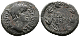 Macedon, Thessalonica, Augustus. 27 BC-AD 14. AE (23.4 mm. 8.45 g.). ΣEBAΣTOΣ, bare head right. Rev. ΘEΣΣA-ΛONIK-EΩN in three lines within wreath. RPC...