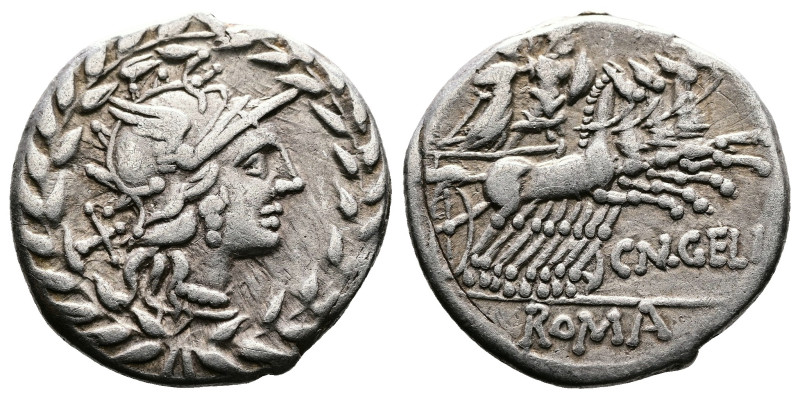 Cn. Gellius, 138 BC. AR Denarius (19.1 mm, 4 g.). Rome. Helmeted bust of Roma to...