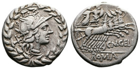 Cn. Gellius, 138 BC. AR Denarius (19.1 mm, 4 g.). Rome. Helmeted bust of Roma to right, X behind; all within laurel wreath. Rev. Mars and Nerio in qua...