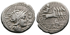 Q. Fabius Labeo, 124 BC. AR Denarius (19.8 mm, 3.82 g.). Rome mint. LABEO-ROMA Helmeted head of Roma to right; below chin, X (mark of value). Rev. Q•F...