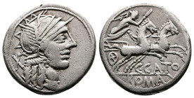 C. Cato, 123 BC. AR Denarius (18.8 mm, 3.91 g.). Rome. Helmeted head of Roma to right; behind, X (mark of value). Rev. C•CATO / ROMA Victory, holding ...