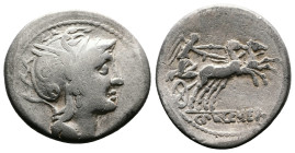 C. Claudius Pulcher, 110-109 BC. AR Denarius (18.7 mm, 3,57 g). Rome. Helmeted head of Roma right. Rev. Victory driving galloping biga right. C PVLCHE...