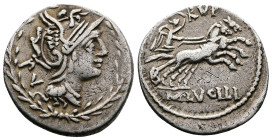 M. Lucilius Rufus, 101 BC. AR Denarius (19.6 mm, 3,8 g.). Rome. PV Head of Roma to right, wearing winged helmet and pearl necklace; all within laurel ...