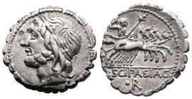 L. Cornelius Scipius Asiaticus, 106 BC. AR Denarius(19 mm, 3.7 g.) serratus Laureate head of Jupiter left, behind, O•. Rev. Jupiter in fast quadriga t...