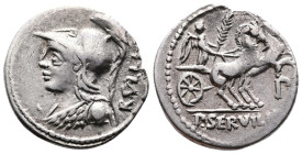 P. Servilius Rullus, 100 BC. AR Denarius. (19.7 mm, 3,86 g.). Rome. Cuirassed bust of Minerva to left, wearing crested Corinthian helmet; RVLLI upward...