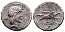 L. Calpurnius Piso Frugi, 90 BC. AR Fourèe Denarius (18.1 mm, 3.4 g.). Rome. Laureate head of Apollo to the right, behind and in front of it control m...