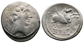 Q. Titius. Contemporary imitation Republican AR Denarius (18.4 mm, 3.7 g.) 1st. Century BC. Wreathed head of Bacchus right. Rev. Q TITI. Pegasus leapi...