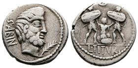L. Titurius L. f. Sabinus. AR Denarius (19.3 mm, 3.7 g.). Rome, 89 BC. Bearded head right of the Sabine king, Tatius; SABIN downwards to left, palm fr...