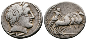 Anonymous issue. 86 B.C. AR Denarius (18.7 mm, 3,65 g.) Rome mint, struck 86 BC. Laureate head of Apollo right. Rev. Jupiter driving quadriga right, b...