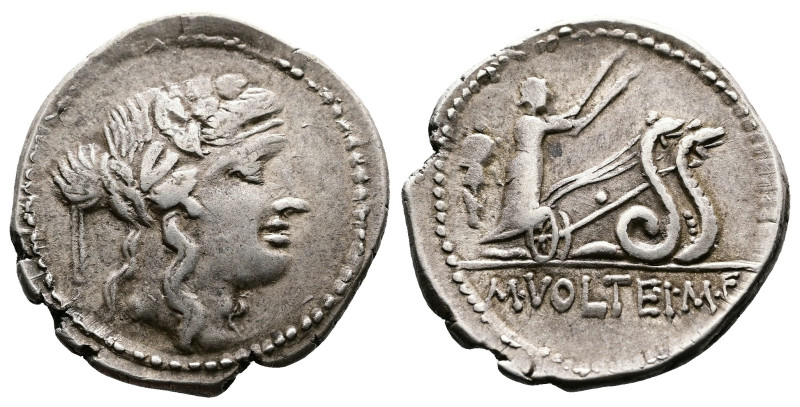 M. Volteius M.f., 78 BC. AR Denarius (19.1 mm, 3.49 g.). Rome. Head of Liber to ...