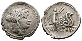 M. Volteius M.f., 78 BC. AR Denarius (19.1 mm, 3.49 g.). Rome. Head of Liber to right, wearing ivy-wreath. Rev. M·VOLTEI·M·F Ceres in biga of snakes t...
