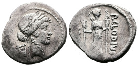 P. Clodius M.f. Turrinus, 42 BC. AR Denarius ( 19.4 mm, 3,48 g.). Rome. Laureate head of Apollo to right; behind, lyre. Rev. P•CLODIVS M•F• Diana stan...