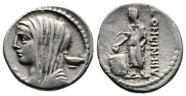 L. Cassius Longinus. 63 BC. AR Denarius (19 mm, 3.94 g.) Diademed and veiled head of Vesta left., below chin, L. In right field, kylix. Rev. LONGIN·II...