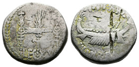 Mark Antony. Autumn 32-spring 31 BC. AR Denarius ( 16.1 mm, 3,49 g.). Legionary type. Patrae(?) mint. Praetorian galley right; ANT • AVG above, III VI...