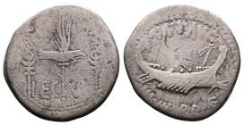 Mark Antony. Autumn 32-spring 31 BC. AR Denarius ( 17.6 mm, 3,07 g.). Legionary type. Patrae(?) mint. Praetorian galley right; ANT • AVG above, III VI...