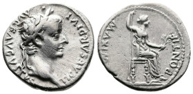 Tiberius, AD 14-37. AR Denarius. (18.6mm, 3,68 g.). Lyons mint. TI CAESAR DIVI AVG AVGVSTVS, laureate head right. Rev. PONTIF MAXIM, Livia, as Pax, ho...