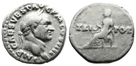 Vespasian, 69-79 AD. AR Denarius (18.3 mm, 3.19 g.). Rome, 71 AD. IMP CAES VESP AVG P M COS IIII Laureate head of Vespasian to right. Rev. TRI - POT V...